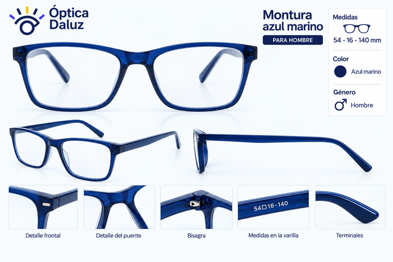 Montura azul marino para hombre, medidas 54-16-140 mm, Óptica Daluz